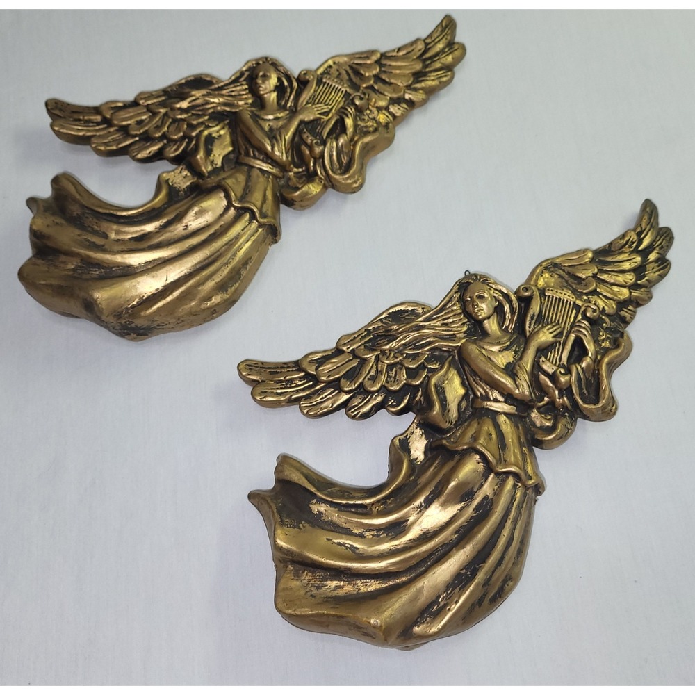 2 Vintage Blow Mold Angel Wall Decor Gold Harp Playing Celestial Hanging Figures